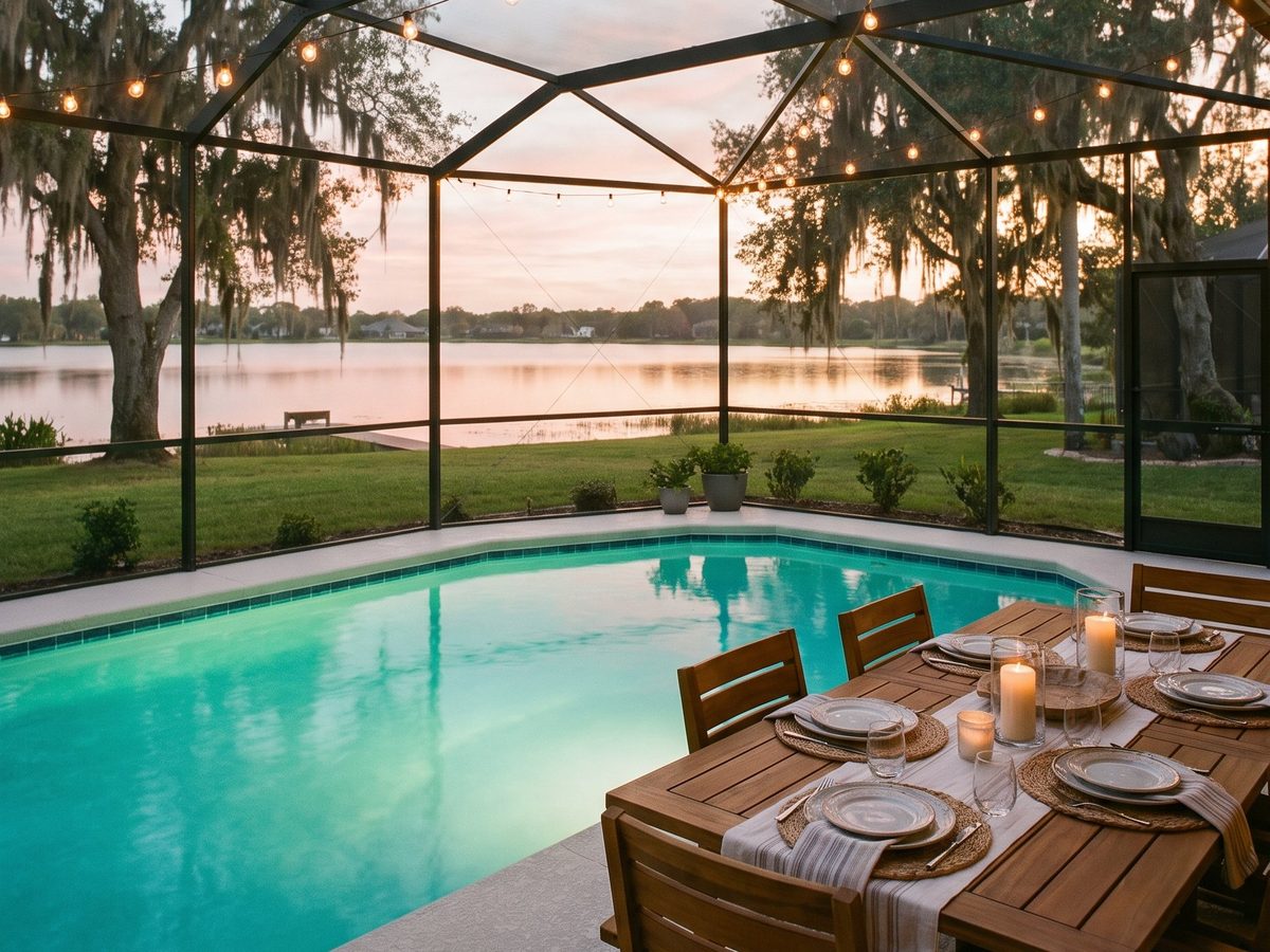 Lanai com piscina e mesa posta, de frente para um lago na Flórida Central